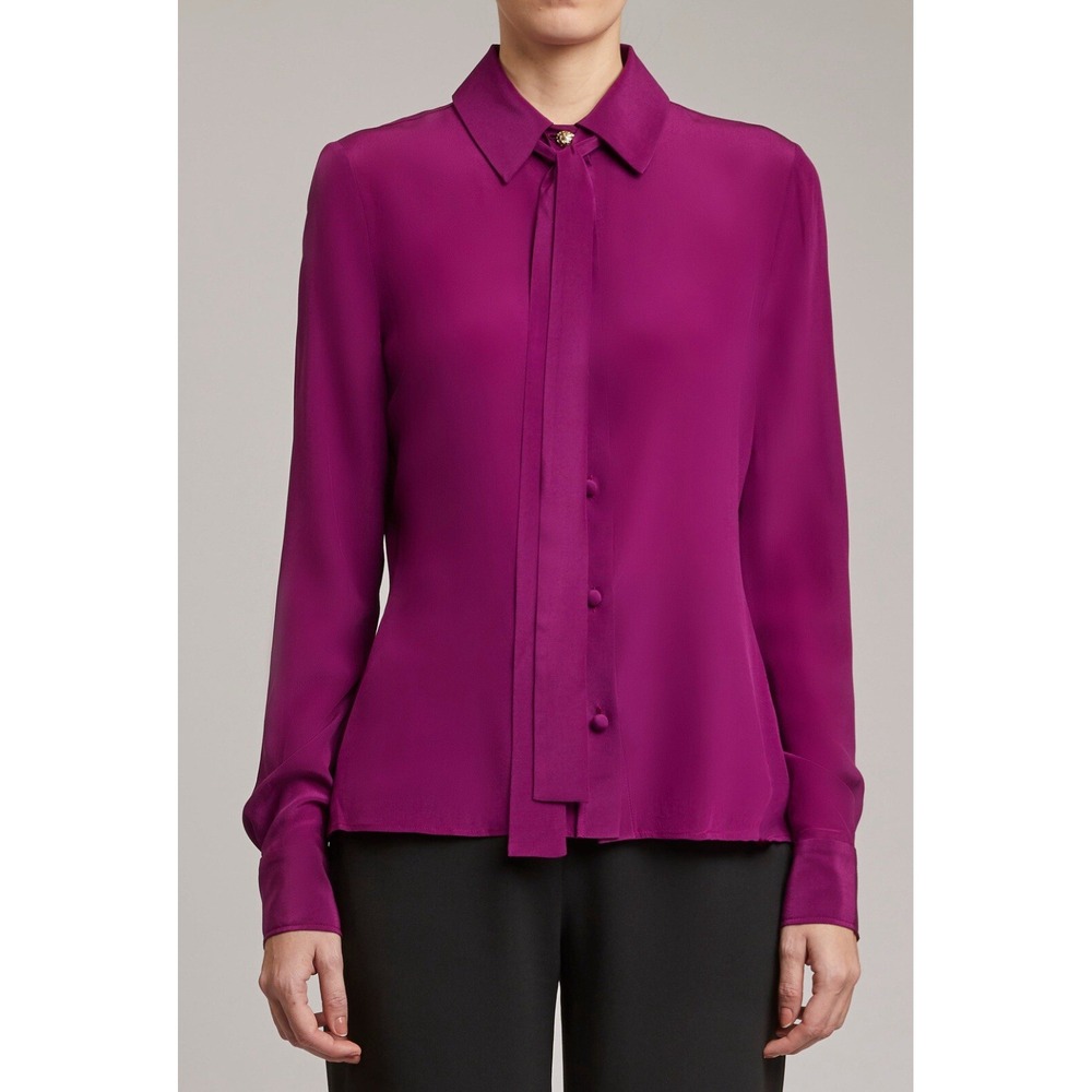 Elie Saab Silk Tie Long Slit Blouse Shirt. NWT $1200 Retail. NWT‎ Size 42 Grape